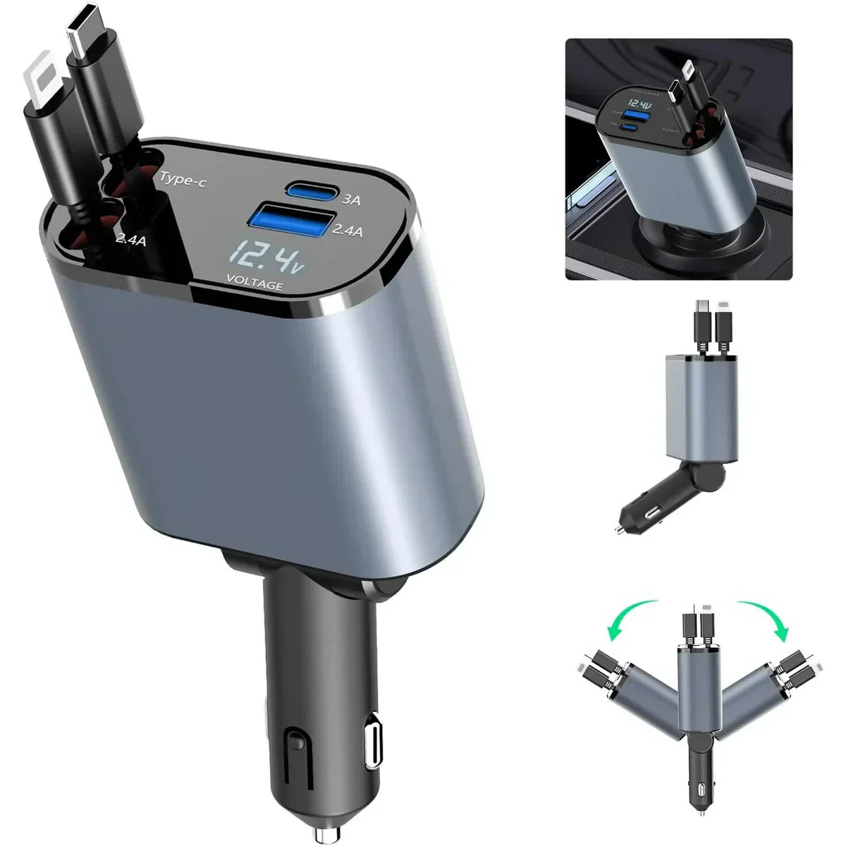 4 in 1 Retractable Car Charger with Star Projection Night Light