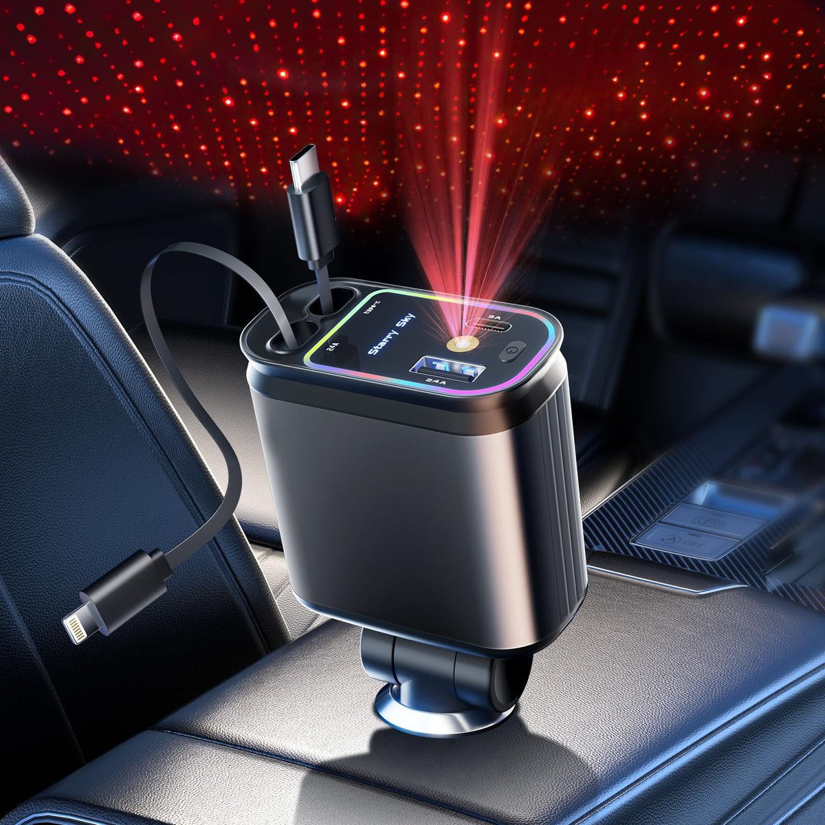 4 in 1 Retractable Car Charger with Star Projection Night Light