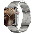Silver smartwatch with a detailed face on a white background
