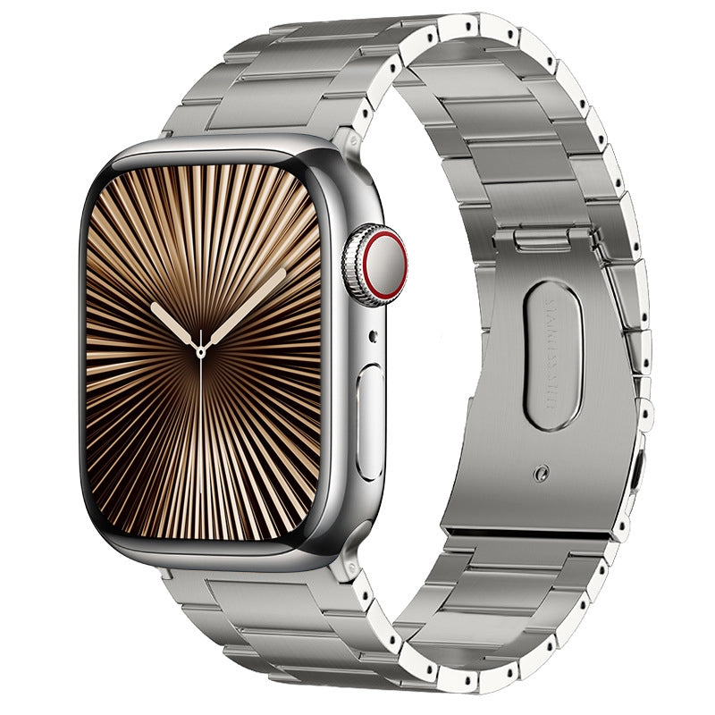 Silver smartwatch with a detailed face on a white background